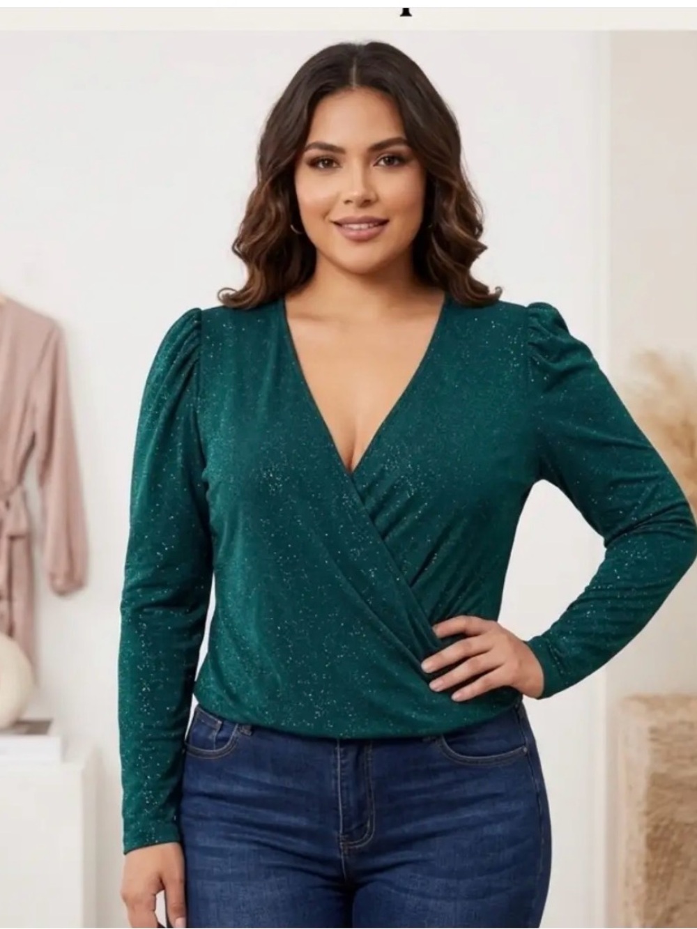 Sparkle Wrap V-Neck Long-Sleeve Top in Teal